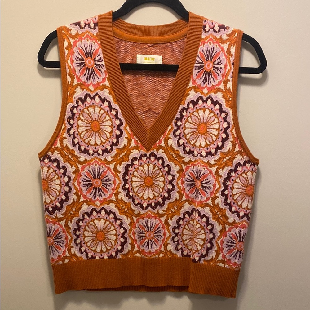 Anthropologie Maeve Floral V Neck Knit Vest